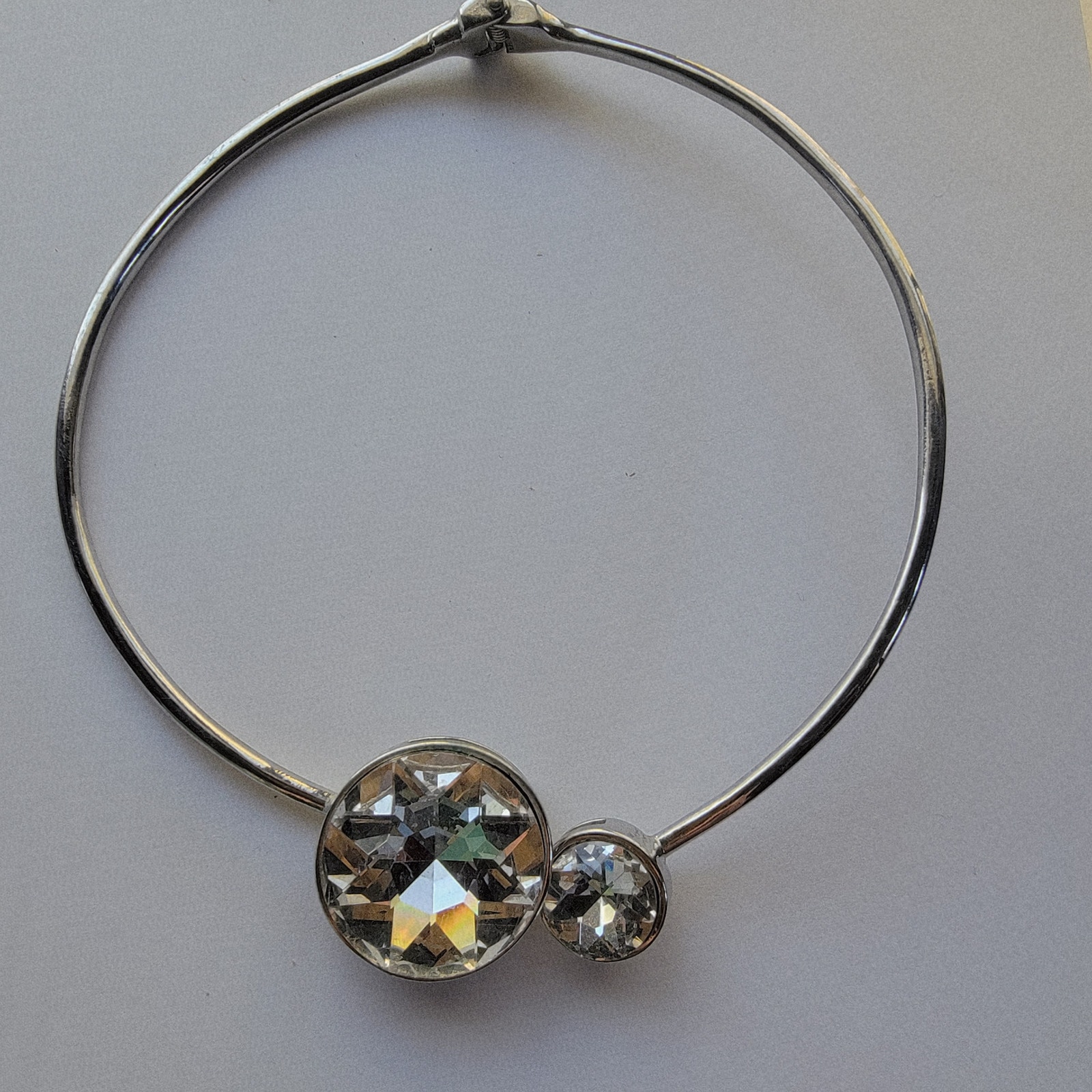 Vintage Necklace Silver Tone Torque Collar With Clear Crystal Duo Choker Modern
